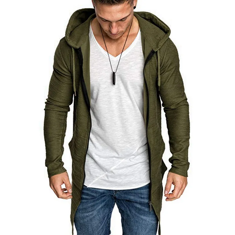 Cheap 2019 New Mens Hooded Solid Trench Coat Jacket Cardigan Irregular hem Long Sleeve Slim Fit Coat