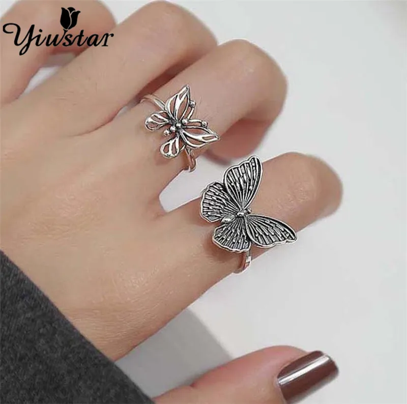 Fashion Vintage Hollow Butterfly Thai Black Rings for Women Europe and America Style Retro Open Finger Ring Jewelry Present | Украшения и
