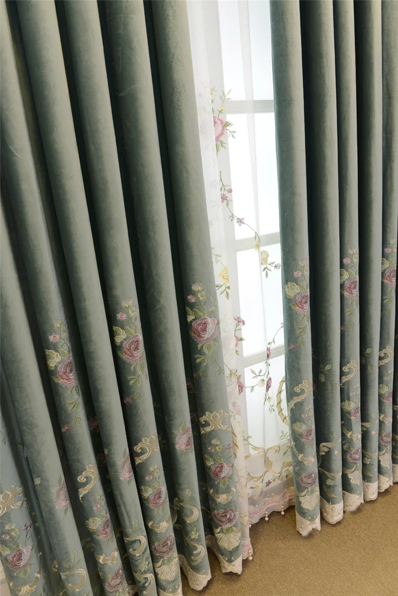 Розовый вышитый цветок тюль для гостиной зеленые панели затемненные шторы роскошные вышитые шторы для виллы X-WP424#40