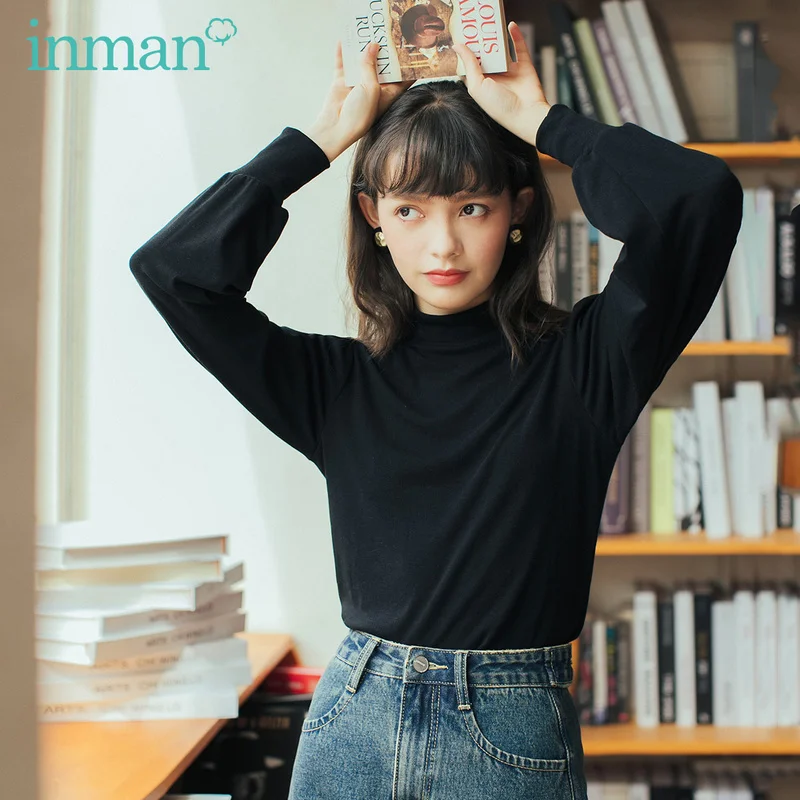 

INMAN 2020 Autumn Winter New Arrival Retro French Style High Collar Bubble Long Sleeve Women T-Shirt