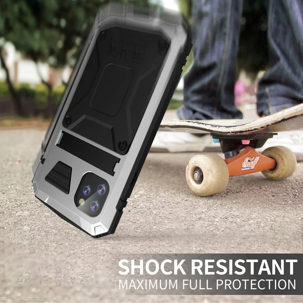 For iPhone 11 Pro Max XS XR XS Max X Metal Aluminum Armor Shockproof Heavy Duty Waterproof Case protective Cover+Tempered glass (33)