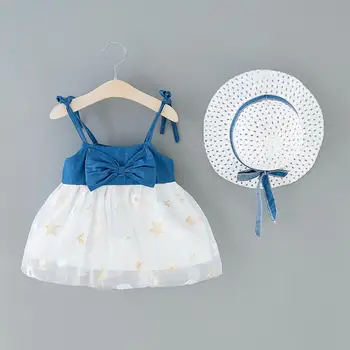 

Toddler Baby Girls Bowknot Denim Splice Star Print Tulle Princess Dress+Hat