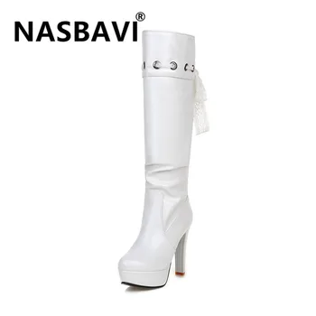 

NASBAVI new fashion Sexy Ultra High Heels Shoes Female Round Toe lace Boots crude heel Platform Women Shoes long Boots