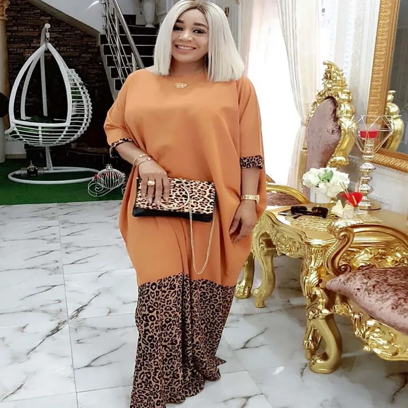 

Long Dress Plus Size Women African Clothes Loose O-Neck Leopard Printed Patchwork Maxi Dress Robe Sundress Autumn