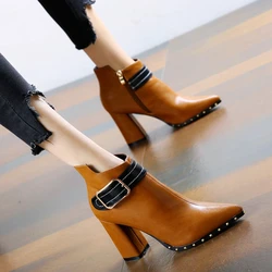 Short Boots Women's High-heeled Thick with Warm Rivet Belt Buckle Martin Boots Pointed Toe Autumn and Winter New Boots Ankle