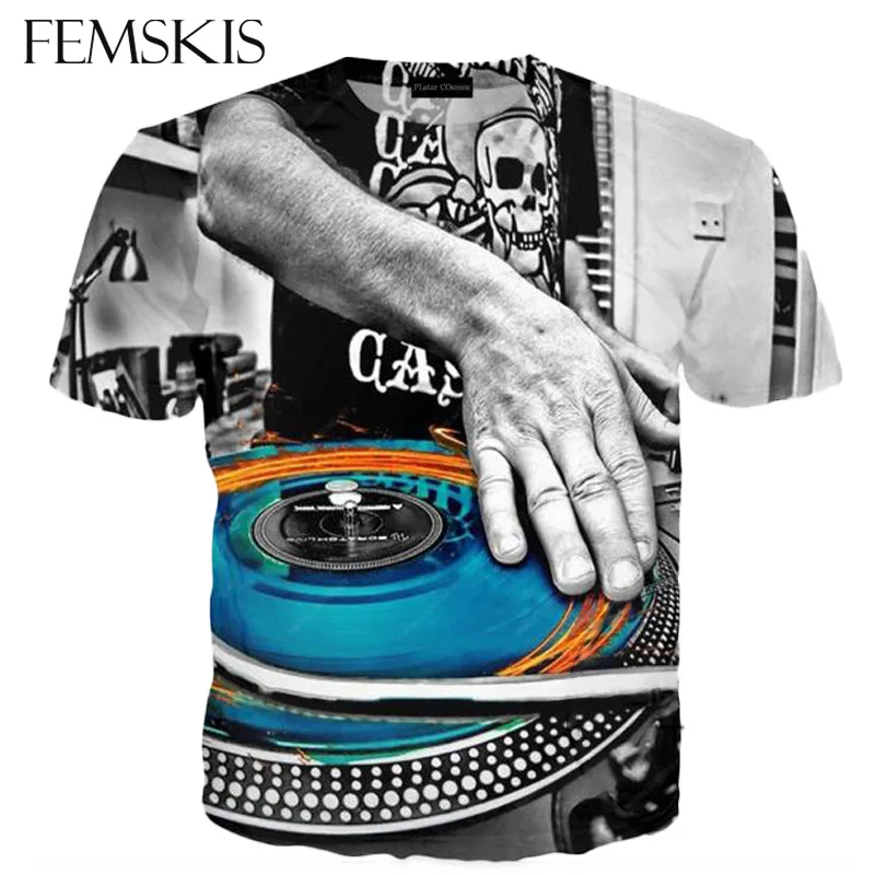

FEMSKIS 3D Clothing Turntable DJ Music Pattern Men 3D Print T-shirts Women Fashion Summer Hip Hop Tee Casual Short Sleeve