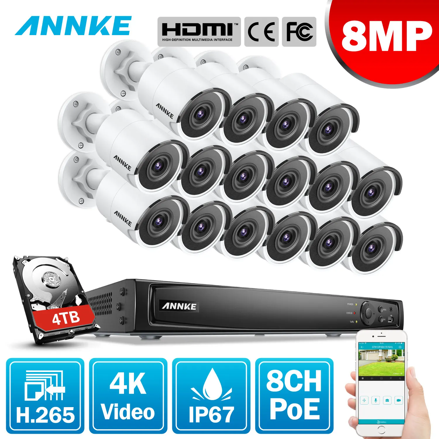 ANNKE 16CH 4K Ultra HD POE сетевая видео система безопасности 8MP H.265+ NVR с 16 шт 8MP 30m EXIR ночное видение уличная IP камера