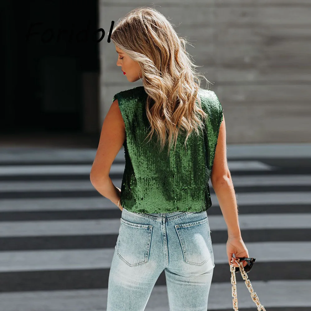 Sexy Green Sequin Vest Tops for Women 