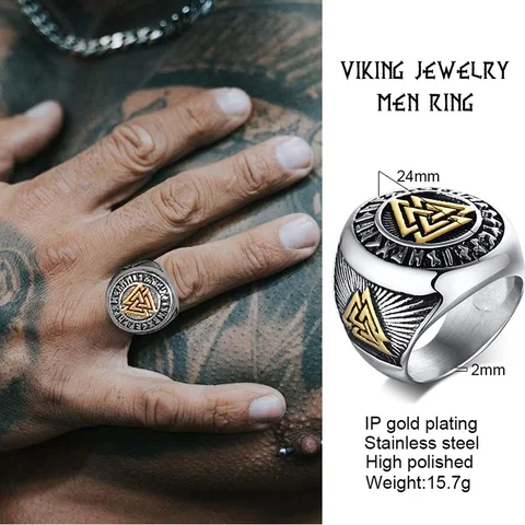 Steel Celtic Triple Knot Rune Signet Ring Men Viking Jewelry
