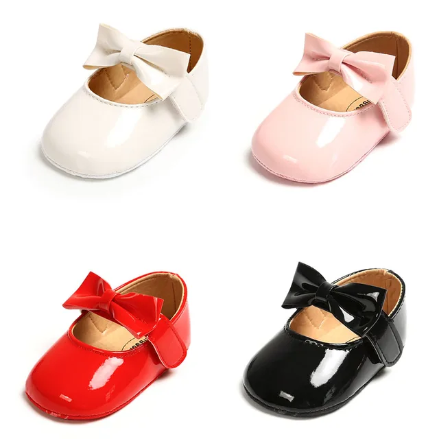 Newborn Baby Girls Shoes PU leather Buckle First Walkers With Bow Red Black Pink White Soft Soled Non-slip Crib Shoes 1