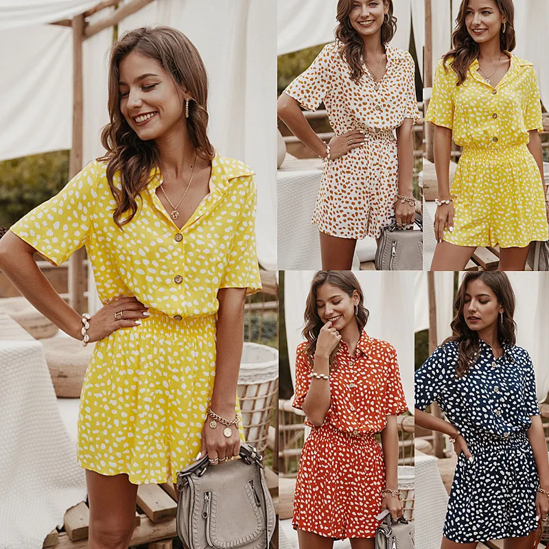 

Sexy Nightclub Small Floral Short-sleeved Shirt Jumpsuit Casual Natural Life Stand-alone Style Loose Lapel Plus Size Jumpsuit