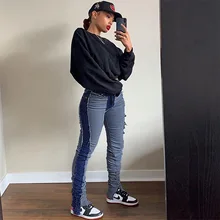 

New side seam stitched women's jeans, European and American new fashion creative blue Leggings