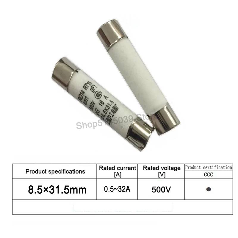 Description Picture 2 of item10Pcs/lot 8.5*31.5mm Ceramic Fuse Tube 500V 0.5A 500MA 1A 2A 3A 4A 5A 6A 8A 10A 16A 20A 25A 32A Ceramic Fuse RT19 RO14