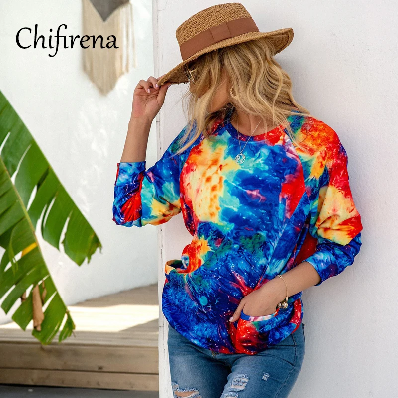 

Chifirena Autumn Tie Dye Colorful Print Long Sleeve Sweatshirts Women O-neck Casual Hoodie Loose Hoody Woman Pullovers Tops