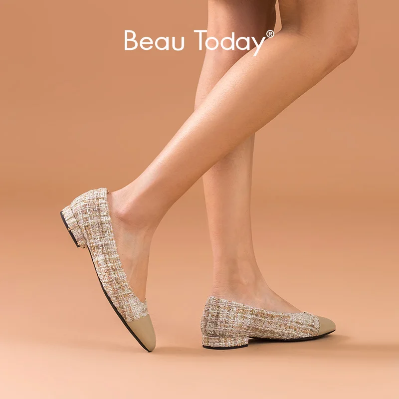 Туфли лодочки BeauToday женские на низком каблуке костюм из воловьей кожи твидовая