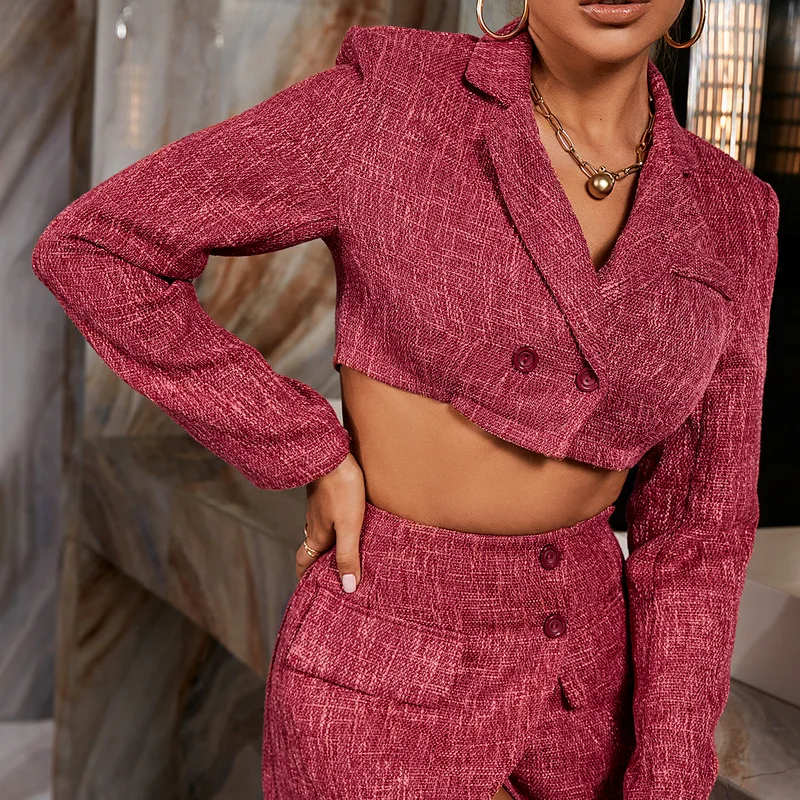 Ai Ligou Solid Color Two-piece Female Suit Collar Long-sleeved Short Suit Jacket High Waist Mini Skirt Sexy Two-piece Suit 2022