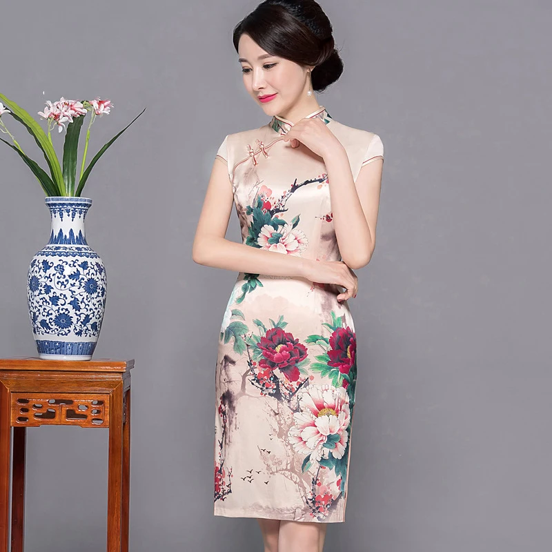 Вечернее платье китайское женское платье с коротким рукавом облегающее сексуальное Cheongsam воротник мандарина атласное с цветочным принтом