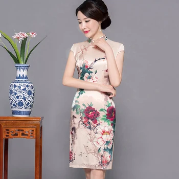 

Evening Party Dress Chinese Women Short Sleeve Tight Sexy Cheongsam Mandarin Collar Satin Print Flower Qipao Oversize Vestidso