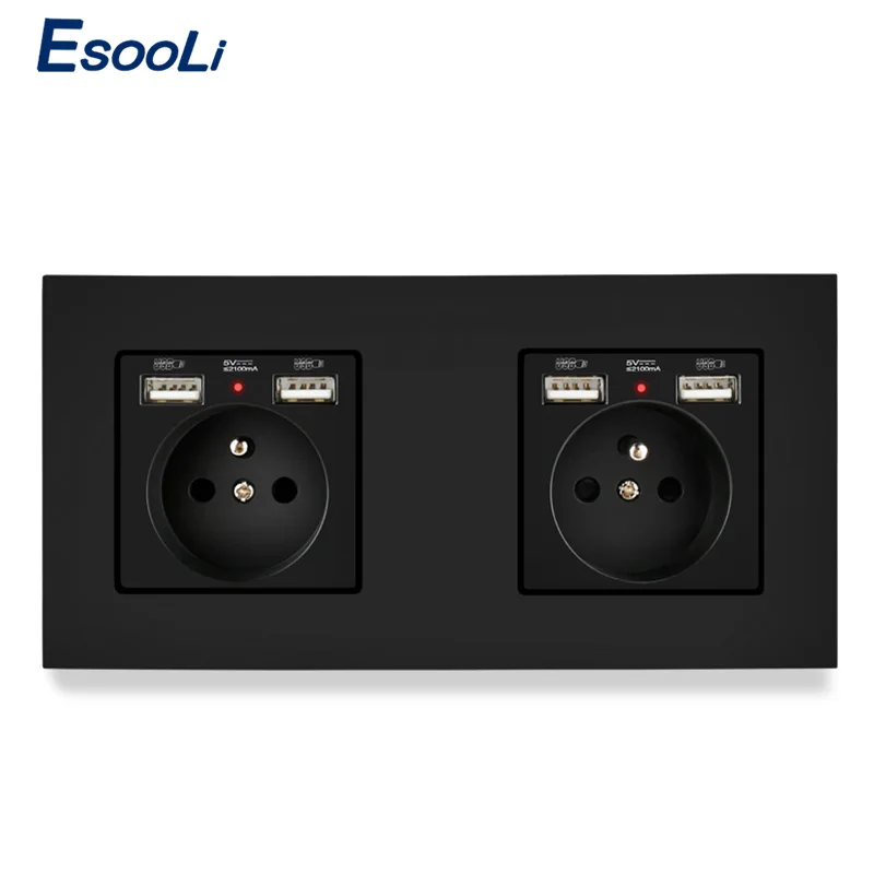 Esooli Black PC Plastic Panel Wall Socket with 4 USB Outlet French Standard Electrical Charger Adapter 172*86mm | Обустройство дома