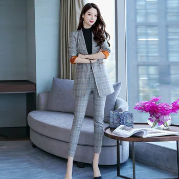 

2019 Runway Women's Suit 2 Pieces Set Autumn Elegant Fashion Single button OL Notched Bussines Office Lady Blazer Pants Suits