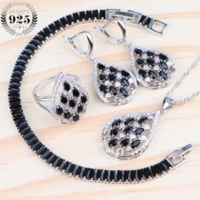 Черный, серебристый, 925, циркониевые Ювелирные наборы, свадебные украшения для женщин, свадебные серьги с камнями кольцо браслет ожерелье Набор подарочных коробок