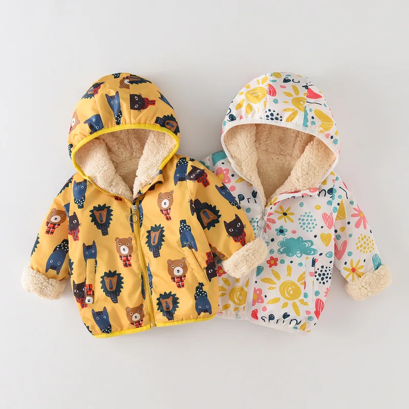 

Autumn Winter New Children Coat Outdoor Jacket Sportswear Female Boy Cartoon Thick Warm Kids Clothes Hooded Windproof