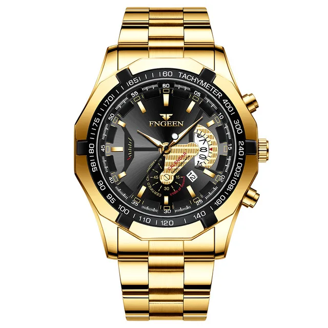 FNGEEN Luxury Men's Watches Stainless Steel Band Fashion Waterproof Quartz Watch For Man Calendar Male Clock Reloj Hombre S001 s001-3