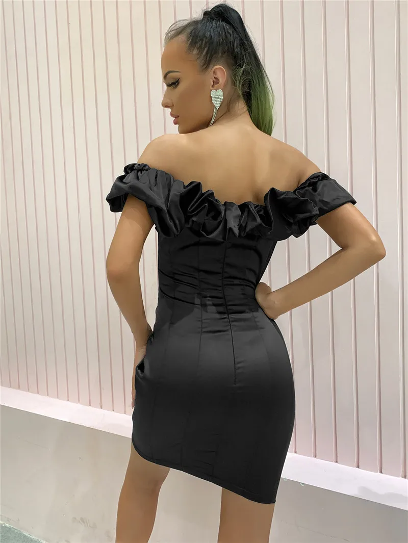 Feditch Satin Ruffles Sleeve 2020 Summer Dress Backless Strapless Bodycon White Dress Short Sexy Party Dress Nightclub Vestidos