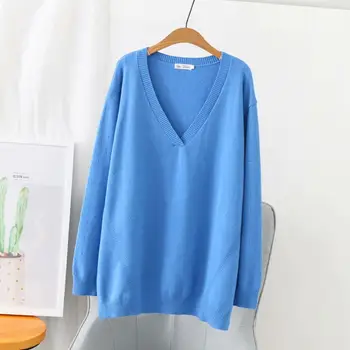 

Plus size solid blue black wool V-neck women loose sweaters 2020 new winter casual ladies knitted pullovers female tops
