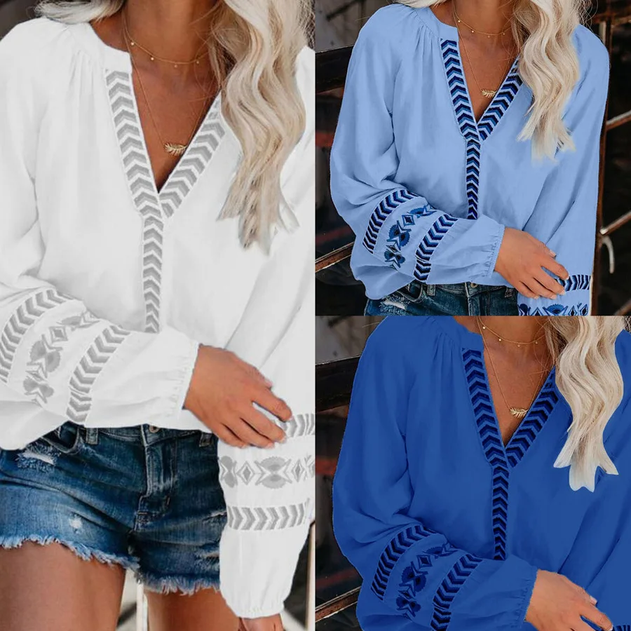 

Large size loose women blouses high quality v-neck printed women blouse 2020 autumn long sleeve fashion blouse