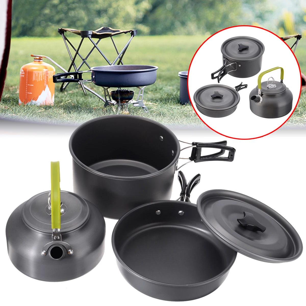 2-3 Person Camping Cookware Cooking Pots Frying Pan Set + Kettle  Outdoor Tableware Cookware Tools For Travel Hiking