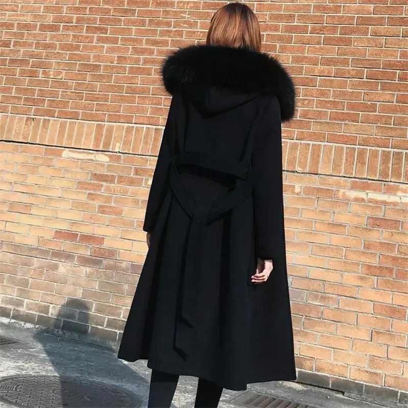 Осень зима женская верхняя одежда средней длины женское шерстяные Пальто Повседневное с капюшоном меховой воротник свободное Женское пальто