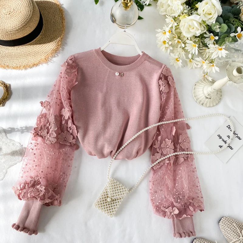 

Knitted Shirt Women's 2019 New Super Fairy Sweet Three-dimensional Petals Lace Puff Sleeve Stitching Sweater Top Spring Autumn