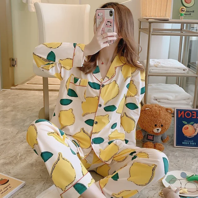 CAIYIER Autumn Winter New Sleepwear Set Women Turn-down Collar Pajamas Cute Cartoon Pattern Button Top+Pants Leisure Home Wear 908-11