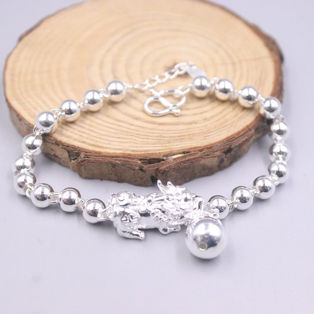 

Real 999 Fine Silver Bracelet Wealth Pixiu With Bead Link Chain 7.67inch 19.5cm Length Stamp S925 On Clasp