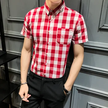 

Summer Student Plaid Shirt Men Fashion Casual Slim Fit Short Sleeve Dress Shirts Camisa Masculina Streetwear Social Men Clothing