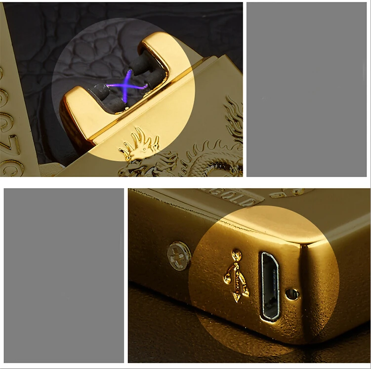 Горячий двойной для Плазменно-дуговой зажигалки Золотой кирпич Дракон Электронный двойной дуговой зажигалки лазерная резьба USB перезаряжаемая зажигалка