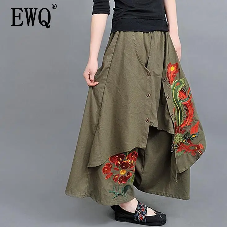 

[EWQ] 2019 autumn Embroidery Floral Buttons Vintage Thin Wide Leg Pants Women Plus Size Skirt Pants Cotton Linen Pants AH156