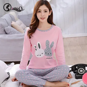 

Women Cartoon Sleepwear 2019 Autumn Long-sleeve Pajamas Set Cat Print O-neck Sweet Pajamas Homewear