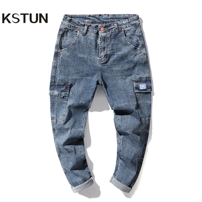 

Harem Jeans Men Cargo Pants Spring and Summer Stretch Light Blue Loose Fit Multi-Pockets Casaul Denim Pants Soft Big Size Good Q