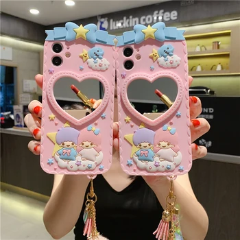 

For iPhone 11 pro XS max XR X Cute 3D pink Girls silicone phone Cases For iphone 7 8 plus se2 soft back mirror cover +strap