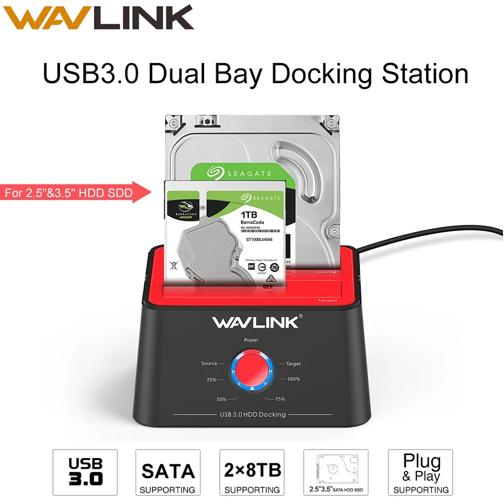 Wavlink USB 30 SATA Dual Bay HDD estación de acoplamiento HDD externo y SSD 8 caja TB HDD clon sin