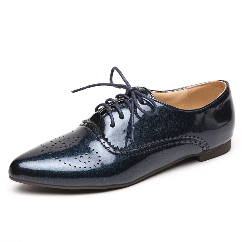 Large Size 45 46 Women's Oxfords Shoes British Patent Leather Flats Comfortable Casual Lace-up Black White Loafer Shoes Footwear