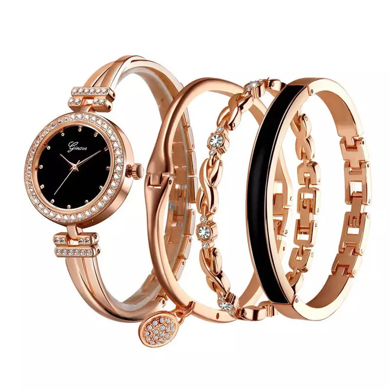 Женские часы Ginave с бриллиантовым браслетом из розового золота, роскошные ювелирные изделия для девушек, повседневные кварцевые наручные часы, набор из 4 предметов - Цвет: Rose gold black
