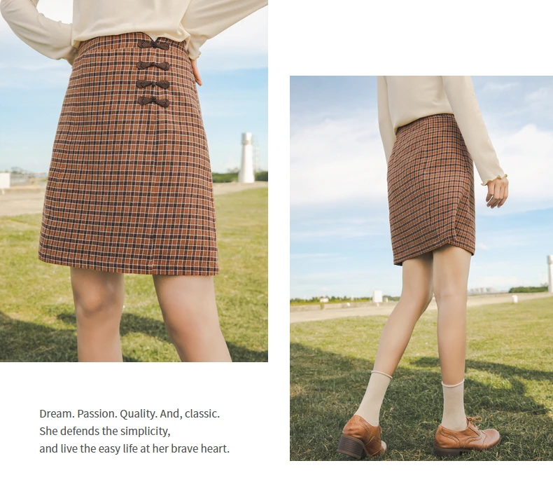 INMAN 2020 Autumn Winter New Arrival Plaid Skirt Literary Zipper A-line Pure Cotton Retro Womens Skirt
