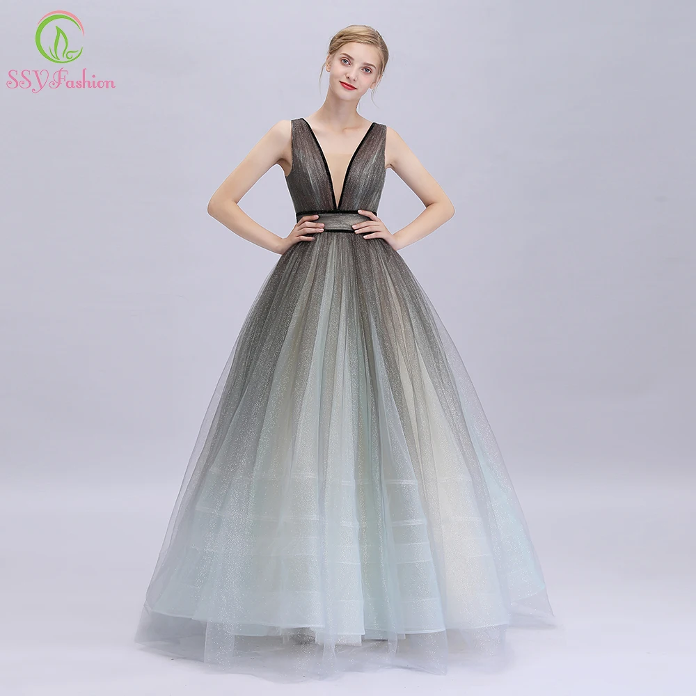 

SSYFashion 2019 New Evening Dress Shining Sequins A-line Gradient Color Floor-length Prom Formal Party Gown Robe De Soiree
