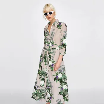 

Suit-dress women summer Wind Lapel Stripe Flower Printing Waist Chalaza Type Dress fashion clothes woman