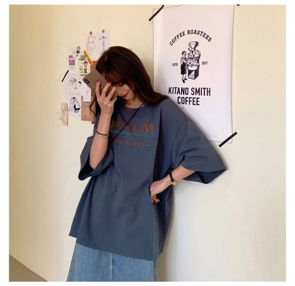 Letter Print Summer T-shirts Women Korean Style Casual Streetwear Vintage Harajuku T shirt Loose Cotton Tops Tees Plus Size X053