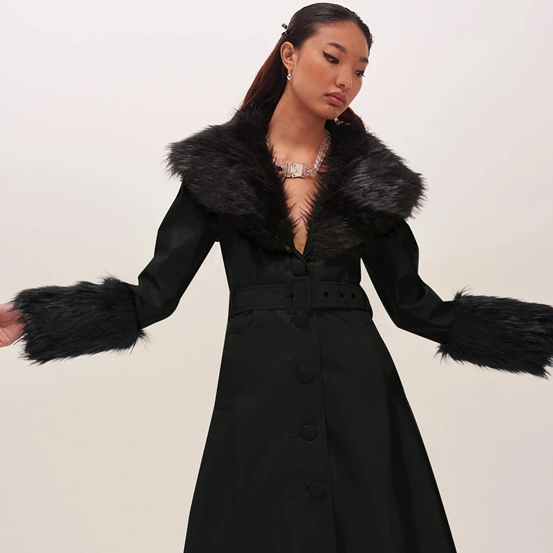 InsGoth, Длинная кожаная куртка, пальто, большой меховой воротник, теплое пальто, зимнее черное Женское пальто, Готическая уличная мода, роскошная куртка