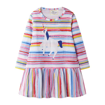 

Cotton rainbow striped kids dress unicorn boutique high quality fall dress kids